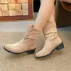 Botas de Tacón Medio Grueso con Punta Redonda Apiladas para Mujer, Estilo Coreano, sin Cordones, de Moda, Botas para Mujer de Comercio Exterior
