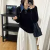 Nuevo Punto de Imitación de Visón Japonés y Coreano con Mangas de Mezclilla Empalmadas Cuello Polo Falso de Dos Piezas Ropa de Punto para Mujer Otoño e Invierno Punto Holgado Mangas Largas