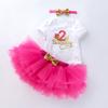 Atacado transfronteiriço ins roupas infantis novo desenho animado aniversário manga curta vestido princesa cor acessório de cabeça conjunto de três peças