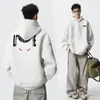 Moletom Pesado com Capuz Estampa Gato Diabo Preto para Homens e Mulheres no Outono e Inverno Estilo Americano Tops e Jaquetas Casuais Relaxados
