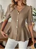 Nova Roupa Feminina Europeia e Americana Tk Transfronteiriça Camisa de Verão Elegante Decote V Mangas Curtas Bufantes Cor Sólida Efeito Emagrecedor Top com Forro