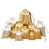 Venta al por mayor de fábrica bolsa con cordón de tela dorada y plateada para embalaje de joyas, bolsa para dulces de boda, bolsa de regalo de tela dorada y plateada