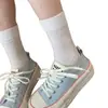 Meias Femininas Koreanas de Algodão Penteado de Verão, Finas e Macias, com Estampa Floral Vazada, Cor Creme, Meia de Cano Médio