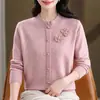 Ropa de Otoño e Invierno para Mujeres de Mediana Edad y Mayores Cuello Redondo Ropa Interior Cálida de Punto con Felpa Suéter Perlado con Flor de Perla Top para Mamá