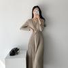 Elegante Corea 2026 Primavera y Otoño Nuevo Vestido Largo de Punto Versátil con Dobladillo Ancho y Lazo, Vestido Adelgazante para Mujer