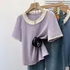 Camiseta de Verano de Encaje para Mujer Talla Grande, Manga Corta Adelgazante, Holgada, Nuevo Estilo, Versátil, Top con Parches de Encaje