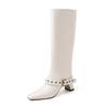Botas Longas da Moda Estilo Coreano com Fivela de Rebite 7,5cm Outono e Inverno 2026 Novas Bico Quadrado Salto Grosso Acima do Joelho