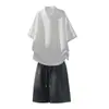 Verano Nuevo Estilo Coreano Simple Holgado Transpirable Moderno Conjunto Casual de Dos Piezas con Textura y Pantalones Cortos de Manga Corta