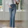 Jeans Feminino Lavado Estilo Coreano Retrô Micro Flare Cintura Alta Emagrecedor Elástico Barra Crua Cropped Flare Jeans para o Trabalho Calça Longa