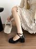 Sapatos Mary Jane de Salto Grosso com Flor Francesa 2025 Verão Novo Estilo Fivela com Laço Sapatos Bonitos e Não Cansativos