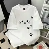 Camiseta de Manga Corta con Estampado de Huella de Animales Estilo Lindo de Seda de Leche Cuello Redondo Verano Holgada Versátil Top para Pareja de Universidad