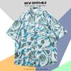 Camisa de Manga Corta Estilo Hong Kong Vintage Retro Pintura al Óleo para Hombre Tendencia Costera Camisa Floral Holgada para Pareja Guapa Chaqueta