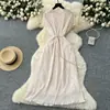 Vestido Chiffon Floral Decote V Manga Sino Design Francês Cintura Ajustada Elegante Retrô Saia Longa Feminino