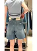 Shorts de Mezclilla Azules Rasgados para Mujer, Estilo Delgado de Verano, Tallas Grandes, Cintura Alta, Adelgazantes, Cuerpo Forma de Pera, Shorts de Cinco Puntos Pierna Ancha de Longitud Media