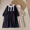 Novo Estilo Estilo Mori Girl Vestido Manga Longa com Gola de Renda Folha de Lótus Doce Fofo Redutor de Idade Comprimento Médio Saia de Algodão e Linho