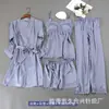 Pijama Feminino de Verão Fino Seda Gelada Renda Sexy Alça Longa Camisola Conjunto de Quatro Peças Roupas Caseiras Femininas com Bojo
