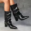 Botas de estilo coreano 168-3, brillantes, plisadas, de media pantorrilla, con tacón grueso de 6.5 cm y punta fina, estilo casual para mujer