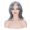 Pelucas de Estilo Europeo y Americano para Mujer, Cabello de Longitud Media con Raya Lateral y Flequillo Diagonal, Mechas Negras y Grises, Mechas Ligeramente Rizadas, Peluca de Fibra de Alta Temperatura