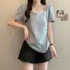 2026 Verão Novo Estilo Tamanho Plus Renda Francesa Decote V Ombro Normal Manga Curta Camiseta Top Irregular Slim-Fit
