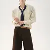 Camisa casual de manga larga con corbata, top retro de rayas verticales estilo universitario, corte holgado, adecuada para primavera y otoño, con hombros relajados, estilo americano, versátil
