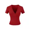 Top de Yoga Fitness con Cuello Cruzado en V Profunda y Línea Dividida, Camiseta Corta Ajustada de Cintura Alta con Mangas Cortas