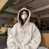 Moletom grosso com capuz e forro de fleece branco-cinza para mulheres, novo popular estilo americano de outono e inverno de 2026, manga longa, solto, moderno