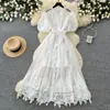 Vestido de Encaje con Mangas Abullonadas Estilo Romántico Francés para Mujer, Verano con Lazos, Amigable con la Piel, Transpirable, Línea A que Ceñe la Cintura, con un Ambiente Elegante