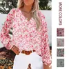 Nova Roupa Feminina Europeia e Americana Outono/Inverno Blusa de Chiffon com Decote V Manga Lanterna Feminina Camisa de Chiffon Floral com Estampa de Sangue