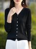 Suéter Feminino Gola V Vazado de Manga Longa Lã Penteada Gola V Estilo Ocidental Nicho Cardigan Curto Fino Casaco Top