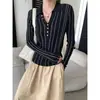 Cisnann Coleção Nova de Outono Estilo Old Money Gola Reversível Meio Botão Tricô Vintage Listrado Texturizado de Manga Longa SN9205