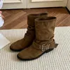 Botas de cowboy estilo western para mujer, nueva colección otoño 2026, diseño retro con hebilla de cinturón de cuero marrón, tacón grueso y botines plisados y fruncidos en el tobillo