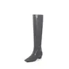 Botas altas adelgazantes y elegantes, Botas de montar de cuero de corte recto retro francés para mujer, Botas altas hasta la rodilla chic de puntera cuadrada y tacón grueso