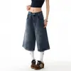 Jeans cropped de pierna ancha lavados estilo retro americano para mujer, estilo delgado, nuevos de verano 2026, pantalones rectos holgados de cintura baja de longitud media