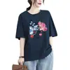 Fornecimento Transfronteiriço Camiseta de Manga Curta 100% Algodão Estampa Floral 2026 Verão Novo Estilo Europeu Tamanho Grande Elegante Soltinho