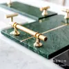 Bandeja decorativa elegante com tira de cobre incrustada, amostra de mármore natural, suporte para adereços, fundo para fotos, bandeja de exposição de cosméticos