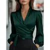 Nuevo Top de Satén con Cuello en V, Cintura de Corbata, Temperamento, para Mujer, Sitio Independiente de Amazon Europeo y Americano