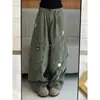 Calça cargo casual de algodão puro com bordado floral tridimensional estilo vintage e múltiplos bolsos