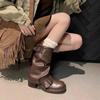 Botas Vaqueras Western Vintage para Mujer 2026, Botas Fruncidas Apiladas con Punta Redonda, Tacón Grueso, Hebilla de Cinturón, Botas de Monta de Media Pantorrilla