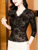 Camiseta Base de Malla de Terciopelo Negro de Comercio Exterior Original, Top de Manga Larga con Escote en V y Encaje Empalmado, Artículo Caliente Transfronterizo 2026