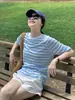 Camiseta de manga larga con rayas azules, camiseta con mascarilla, protección solar, camisa de aire acondicionado para mujer, atuendo de verano holgado, top holgado, cubierta fina