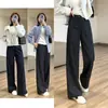 Calça Original de Fibra de Hidrogênio Novo Tecido Anti-Rugas Proteção Solar de Perna Larga para Mulheres, Cintura Alta Emagrecedora com Cós Elástico nas Costas, Calça Casual Não Comprida
