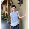 Moda de Verano Azul a Cuadros Costuras Irregulares Top de Malla para Mujer Versátil Halter Sling Versátil Chaleco Ajustado