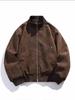 Chaqueta de Cuero para Hombre con Cuello Alto, Empalme de Gamuza Blanca y Gris, Otoño, Marca de Tendencia Retro Americana, Holgada, Chaqueta de Motociclista