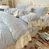 Juego de ropa de cama de cuatro piezas de terciopelo de leche color verde retro ins, funda de edredón de encaje de terciopelo coral engrosada, juego de sábanas de tres piezas para invierno