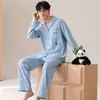 Pijama Masculino 100% Algodão, Manga Longa e Calça Longa, Novo Estilo Outono, Cardigã com Gola Reversível, Conjunto de Duas Peças para Casa Transmitido ao Vivo