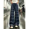Calça xadrez versátil estilo retrô americano para homens, calças de outono para jovens, corte reto solto, perna larga curva, cintura alta, calças casuais