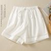 Foto Real de Calças Shorts Versáteis de Cintura Elástica com Cordão de Perna Larga, Simples, de Alta Qualidade, Estilo Casual Literário para Mulheres, 2025