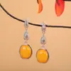 Pendientes de Plata de Ley S925 con Ámbar Estilo Artístico Retro Nuevo Estilo Chino Huecos Vintage Largos para Mujer
