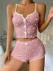 2024 Novo Produto Amazon Estampa em Formato de Coração Cor Contrastante Roupa de Casa Abertura Frontal Fenda Alça Conjunto de Pijama