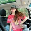 Camiseta de Algodón Puro con Graffiti de Conejo Retro 2025 para Mujer Verano Color Pesado Bloqueo de Color Degradado Pequeña Holgada Estilosa